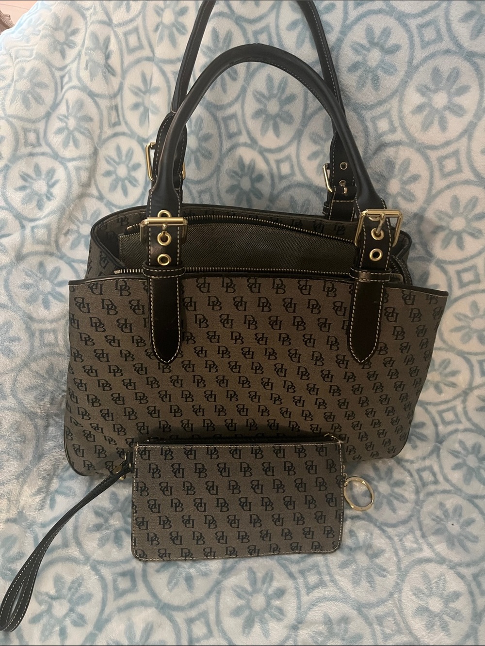 Dooney & Bourke Black &Gray DB Logo Satchel with Wristlet